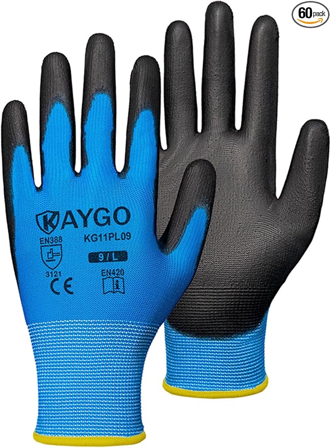 KAYGO Work Gloves for Men and Women, 60 Pairs Seamless Knit PU Coated Safety Gloves, with Smooth Grip on Palm and Fingers, Ideal for Light Warehouse, Manufacturing, Gardening, KG11P (L, Blue)