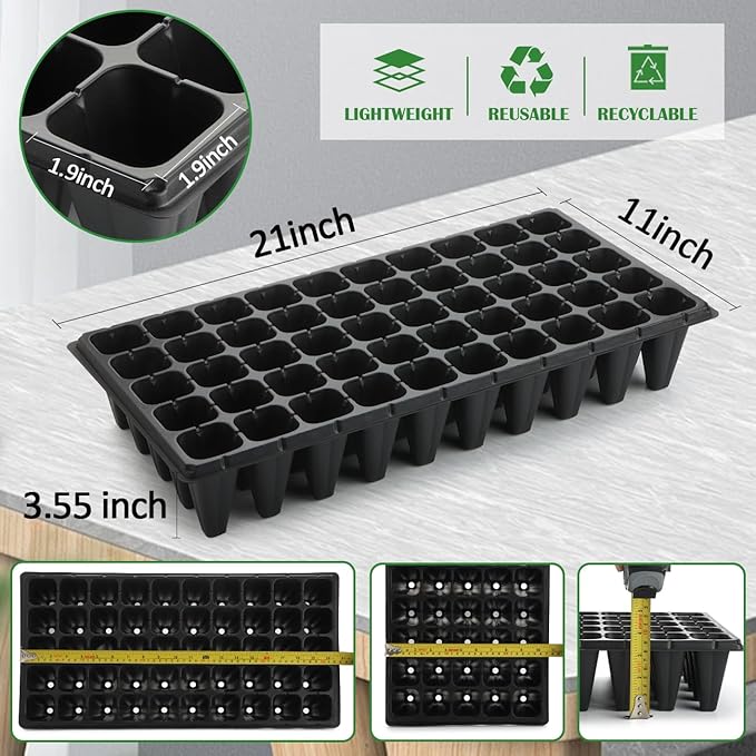 RooTrimmer 50-Pack Extra-Deep 50 Cell Seed Starter Trays, 3.55" Cone-Shaped Plug Trays for 1020 Flats, Heavy-Duty Plastic Germination Trays for Greenhouse, Garden & Urban Farming