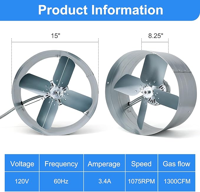 Gable Vent Attic Fan, 15" Exhaust Ventilation Fan with Adjustable Thermostat for Gable, Shed, Home, Garages, 1300 CFM, 1075 RPM, 1850 SQ. FT. Attic Ventilator (1300CFM)