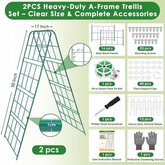 2 Pack 50"x17" Heavy Duty Metal Cucumber Trellis for Raised Bed, A Frame Garden Trellis for Climbing Plants Outdoor, Plant Trellis for Tomato Bean Pea Grape, Adjustable Vegetable Trellis Support