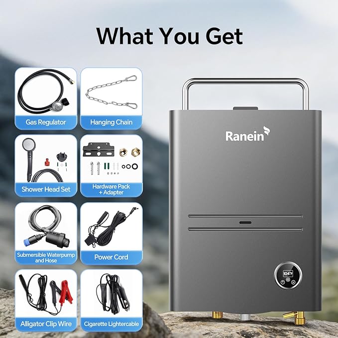 Ranein Portable Propane Tankless Water Heater 34,000 BTU 1.32 GPM with Included High-Performance Pump Thermostatic Control and Chain for Camping RV Outdoor Shower