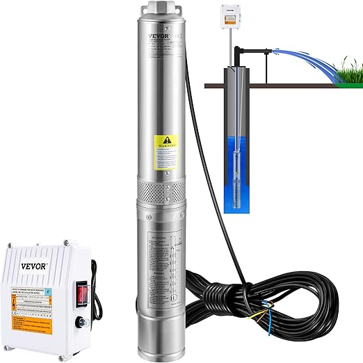 VEVOR Deep Well Submersible Pump, 3HP 230V/60Hz, 37GPM 640 ft Head, with 33 ft Cord & External Control Box, 4 inch Stainless Steel Water Pumps for Industrial, Irrigation and Home Use, IP68 Waterproof