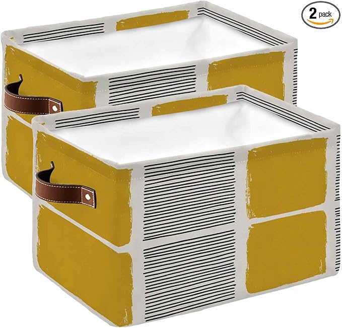 Yellow Storage Bins Cubes Waterproof Cloth Storage Basket,Modern Painting Farmhouse Striped Abstract Art Foldable Storage Bags for Shelf Clothes Storages Organizers with Handles 15x11x9.5 in 2PCS