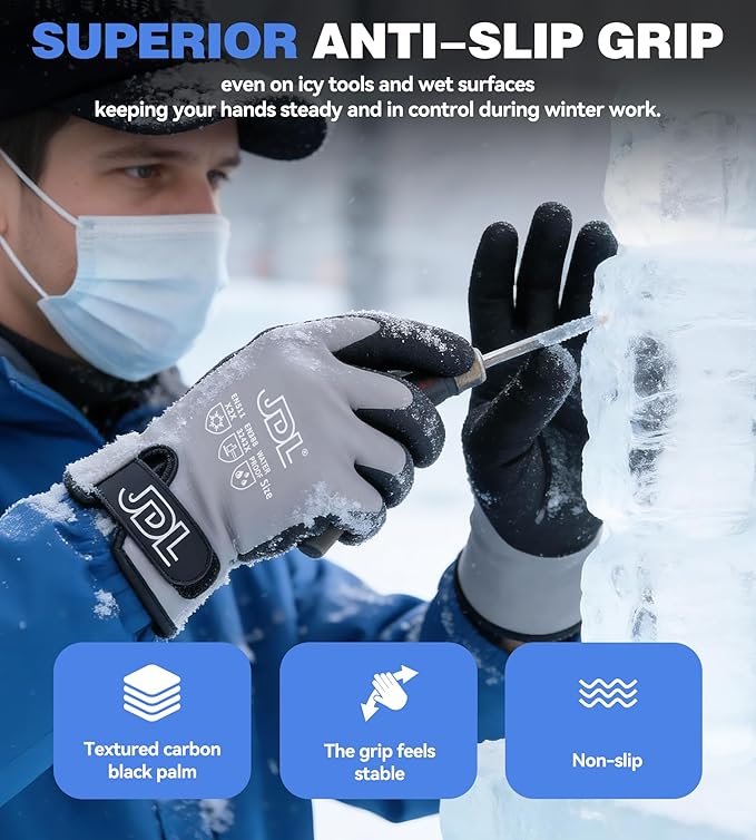 JDL 100% Waterproof Winter Work Gloves for Men & Women, Thermal Insulated Freezer Gloves for Cold Weather, Super Grip Palm