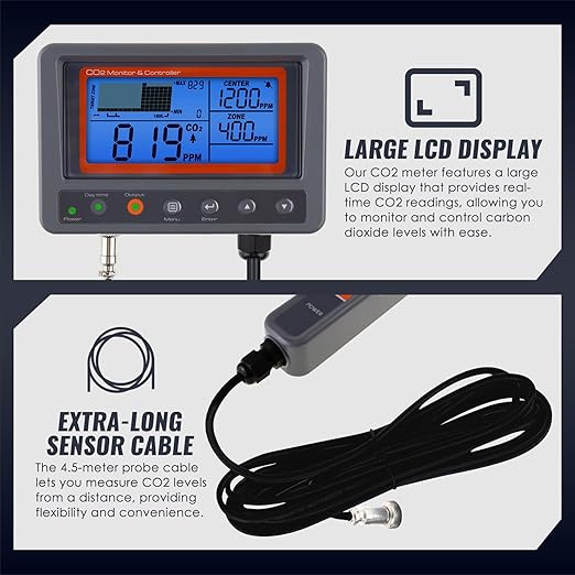 CO2 Controller Carbon Dioxide Controller Air Quality Monitor CO2 Meter with Day and Night Control Relay Function, NDIR Sensor Probe Cable, CO2 Detector for Plant, Grow Room, Green House, Garden, Home