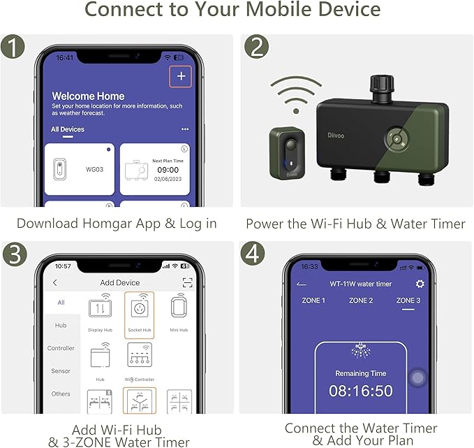 Diivoo WiFi Sprinkler Timer 3 Zone, Smart Water Hose Timer Compatible with Alexa and Google, Remote Control Irrigation, Automatic Manual Watering, Rain Delay, for Garden, Yards and Lawns (2.4Ghz Only)
