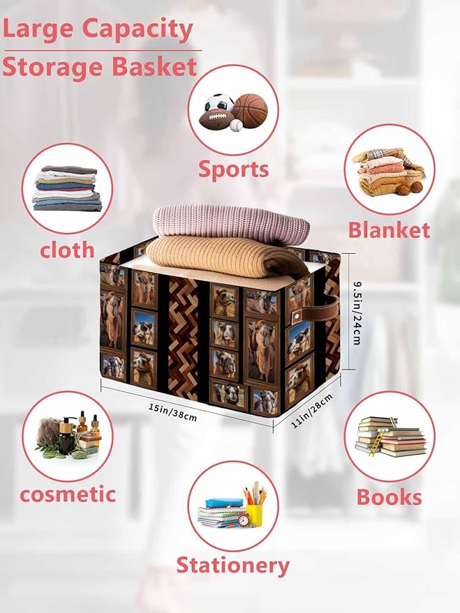 Desert Camels Storage Bins Cubes Waterproof Cloth Storage Basket,Brown Wildlife Farmhouse Animals Rustic Foldable Storage Bags for Shelf Clothes Storages Organizers with Handles 15x11x9.5 in 2PCS