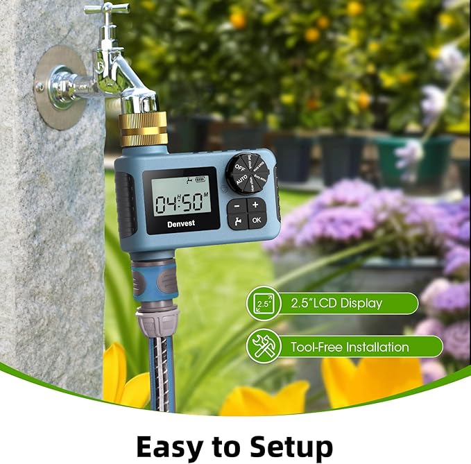 Hose Timer with Brass Inlet & Outlet, Water Timer for Garden Hose Faucet, Sprinkler Timers Outdoor, Irrigation Timers with Rain Delay/Manual for Garden/Outdoor Hose, Yard, Lawns, 1 Outlet