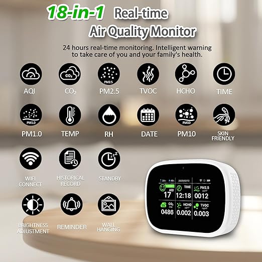 Smart Air Quality Monitor Indoor, WiFi Air Quality Tester with APP Remote Control for AQI CO2 PM2.5 HCHO TVOC Temperature Humidity, Wall-Mounted Air Detector for Home Office – Black