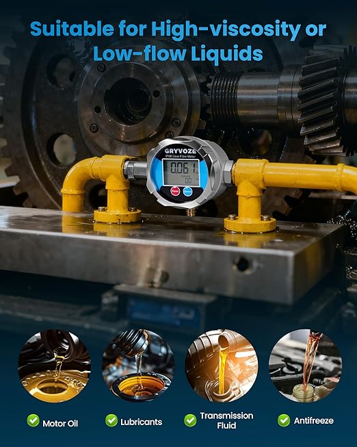 3/4 Inch NPT Gear Flow Meter, 0.08–7.93 GPM Digital Oil Low Flowmeter, ±0.5% Accuracy, for Low-Flow High-Viscosity Liquids, Compatible with Motor Oil, Lubricants, Antifreeze & Hydraulic Fluids
