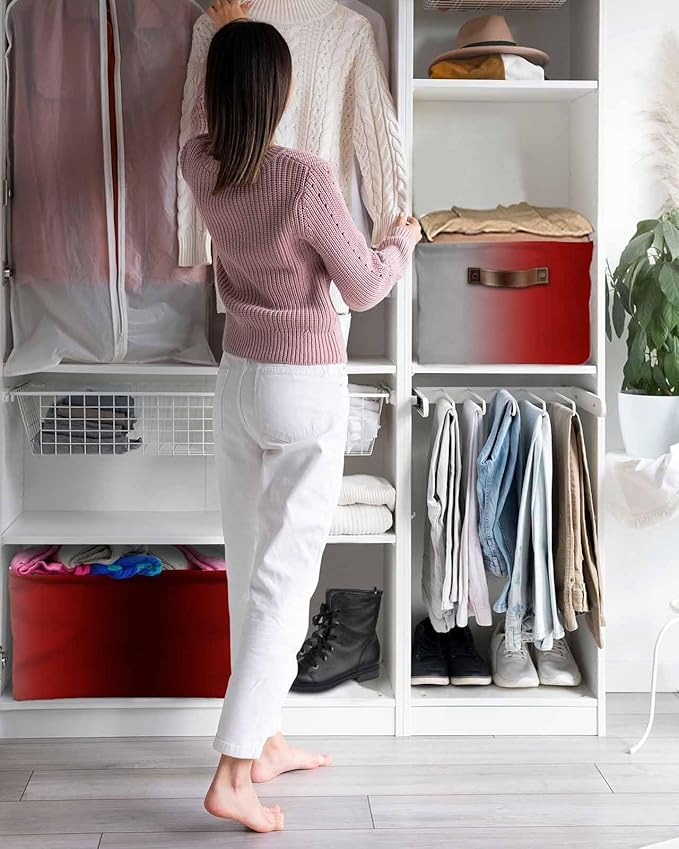 Dark Red Grey Black Ombre Storage Bins Cubes Waterproof Cloth Storage Basket,Farmhouse Gradient Minimalist Foldable Storage Bags for Shelf Clothes Storages Organizers with Handles 15x11x9.5 in 2PCS