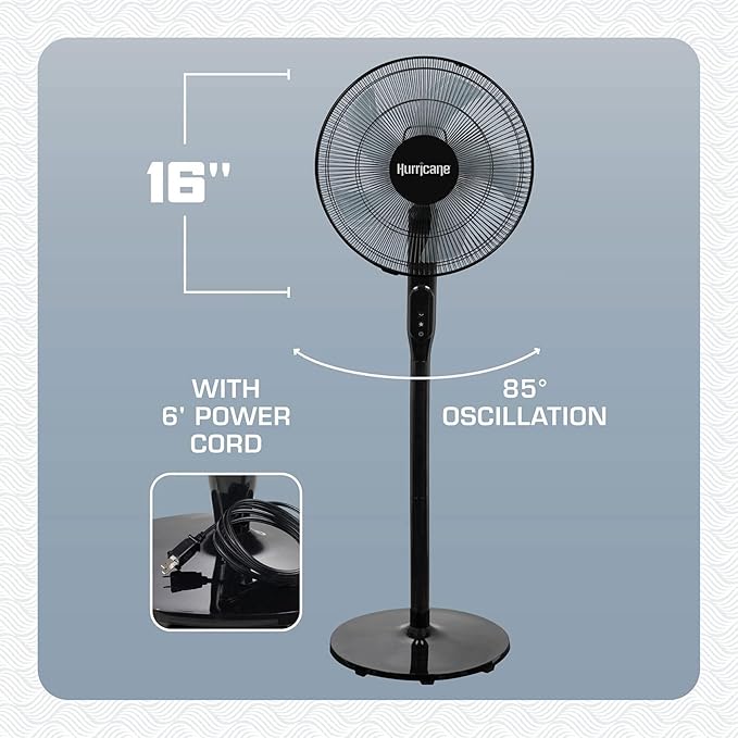 Hurricane Oscillating Pedestal Stand Fan, 12-Speed Cooling Unit, 16", Black - With Remote Control, Adjustable Tilt & Height, for Home, Bedroom, Office & Dorm