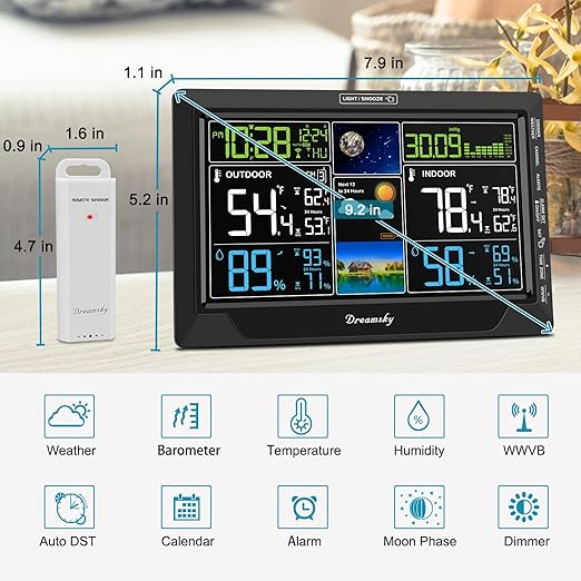 DreamSky Weather Station Indoor Outdoor Thermometer Wireless with Digital Atomic Clock for Home, Large Display with Dimmer, USB Port, Inside Outside Temperature Humidity Monitor (Plug-in)