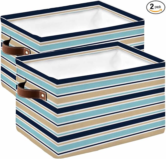 Khaki Striped Storage Bins Cubes Waterproof Cloth Storage Basket,Navy Blue Farmhouse Stripes Modern Abstract Art Foldable Storage Bags for Shelf Storages Organizers with Handles 15x11x9.5 in 2PCS