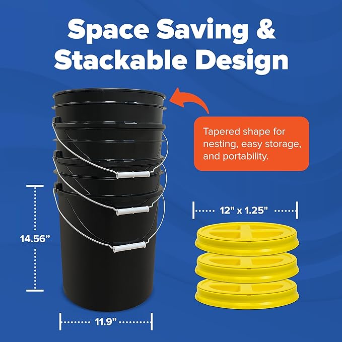 ePackageSupply 5 Gallon Bucket - Food Grade Bucket with Airtight Gamma Seal Screw-On Lid, BPA-Free, Heavy-Duty 90 Mil HDPE Plastic, Bulk Storage, Durable Container, Made in USA, Black/Yellow, 3 Packs