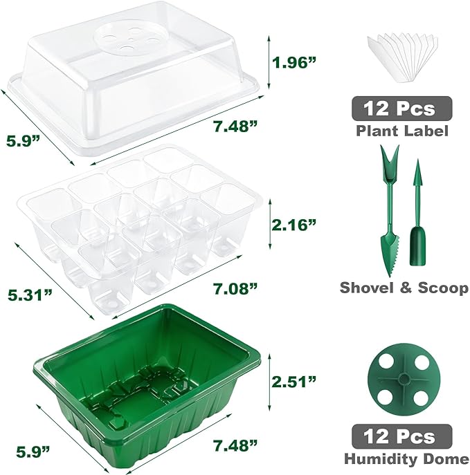 Seed Starter Tray Kit, 12 Pack 144 Cells with Humidity Dome, Reusable Seedling Trays with Drainage Holes, Plant Germination Kit with Labels & Tools for Mini Greenhouse Propagator Indoor Garden