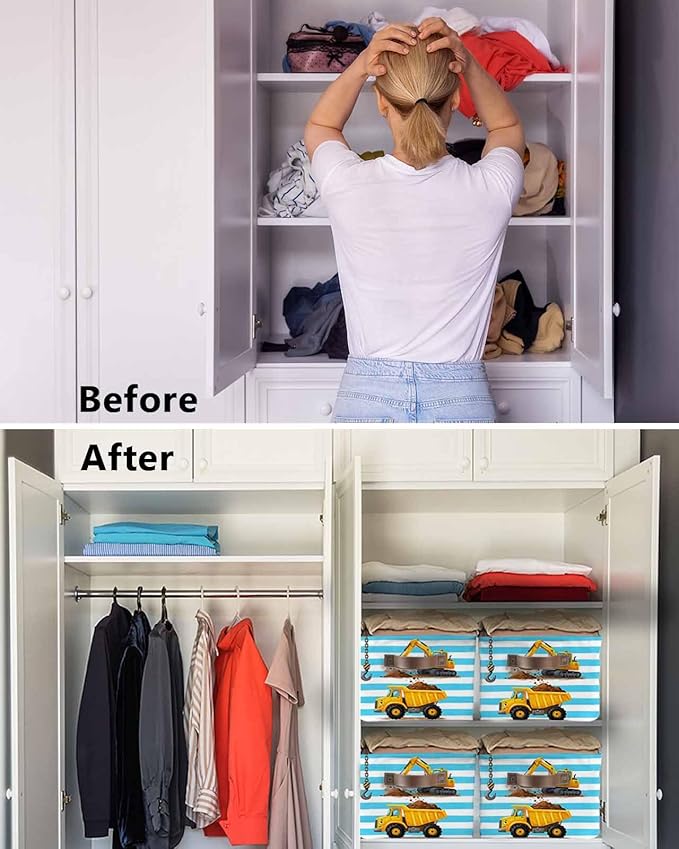 Yellow Truck Storage Bins Cubes Waterproof Cloth Storage Basket, Cartoon Blue Striped Farmhouse Modern Art Foldable Storage Bags for Shelf Closet Clothes Organizers with Handles 15x11x9.5 in 2PCS
