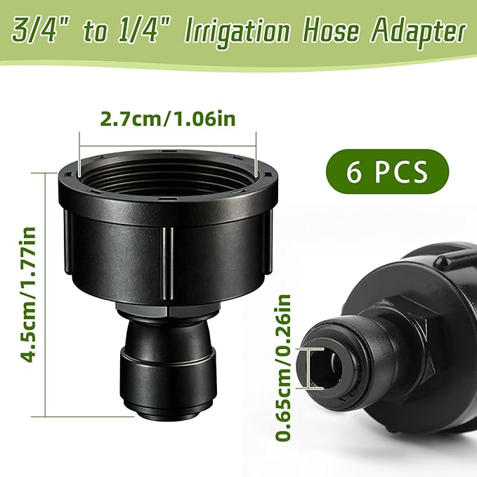 6 Pcs 3/4" to 1/4" Drip Irrigation Faucet Adapters, Quick Connect 3/4" Faucet to 1/4" Tubing Drip Irrigation Hose Adapters, Push-to-Fit Garden Hose to 1/4 Tubing Adapter for Irrigation System