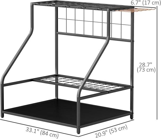 Outsunny Garden Tool Organizer for Garage, 3-Tier Yard Tool Storage Rack with Hooks for Long-Handled, Broom, Shovel, Rake, Metal Garden Tool Storage for Shed, Yard, Garage, Orange
