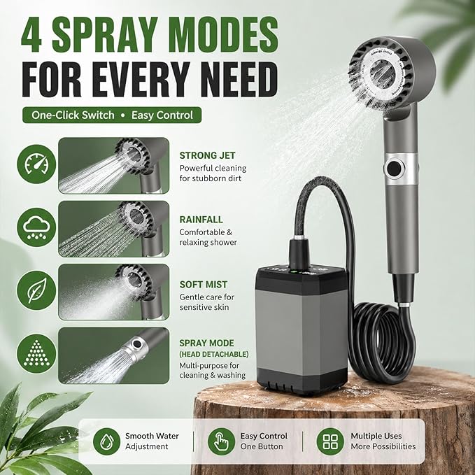 Smart Portable Shower Pump, Rechargeable 2400/6000mAh Battery Powered Outdoor Shower, IPX8 Waterproof, with Intelligent LED Display & 4 Spray Modes, for Outdoors, Camping (Type-B black)