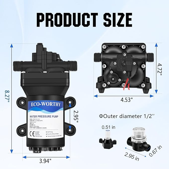 ECO-WORTHY 12V RV Water Pump, 3.5 GPM, 55 PSI, Self Priming Water Pump with Pressure Switch, 4-Chamber Fresh Water Pump for Boat Marine Camper Truck Shower Sprayer