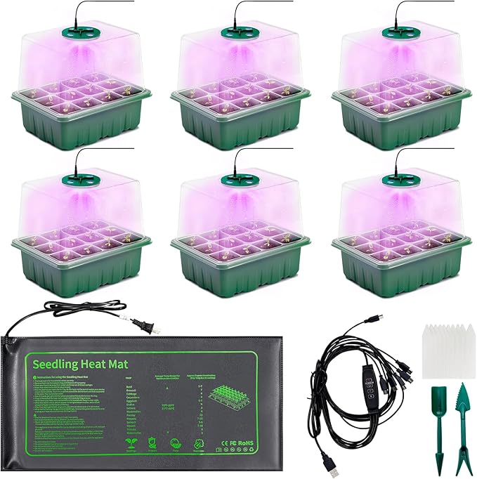 KEOHOLI Seed Starter Kit with Grow Light and Heat Mat, 6 Pack 12-Cell Seedling Trays with LED Panels, Adjustable Timer & Dimmer Indoor Plant Propagation Station for Herbs, Vegetables, Flowers