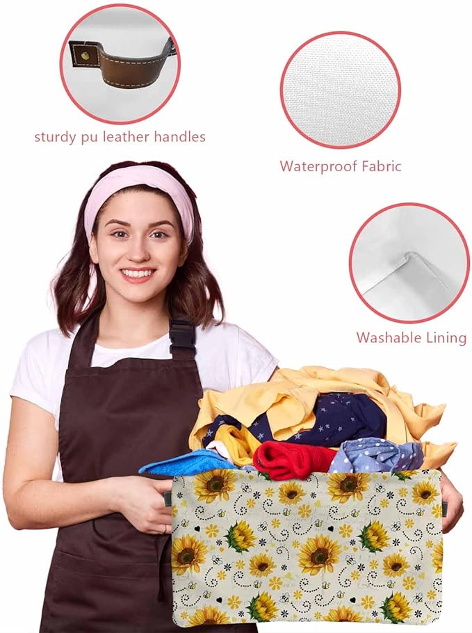 Vintage Sunflower Storage Bins Cubes Waterproof Cloth Storage Basket, Summer Botanical Farmhouse Floral Foldable Storage Bags for Shelf Clothes Storages Organizers with Handles 15x11x9.5 in 1PCS