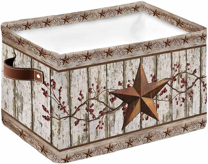 Texas Star Grey Wooden Storage Bins Cubes Waterproof Cloth Storage Basket, Farmhouse Berry Countryside Foldable Storage Bags for Shelf Closet Clothes Storages Organizers with Handles 15x11x9.5 in 1PCS