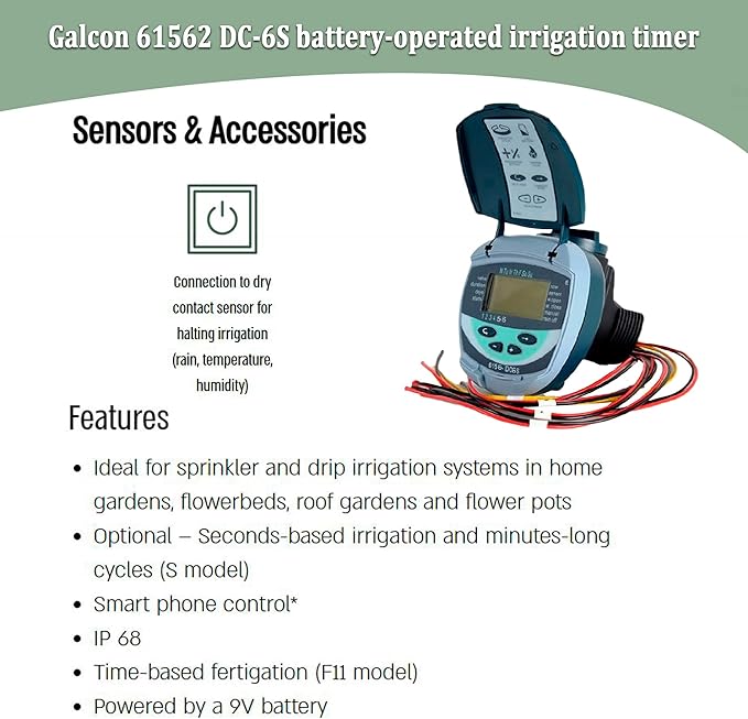 Galcon 61562 DC-6S, 6 Station Battery Operated Irrigation Timer for Sprinkler, Drip, & Propagation. Indoor & Outdoor. Daily or Cyclic Programs, Home, Garden, Nurseries, Greenhouses Misting GAJFSI002P0