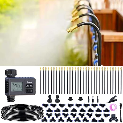Thiswing 360° Adjustable Drip Irrigation System - 100 FT Garden Watering System with 32 Nozzles & Water Timer, Raised Bed Sprinkler System, Garden Mister for Yard, Lawn, Plants, 5/16" Tubing