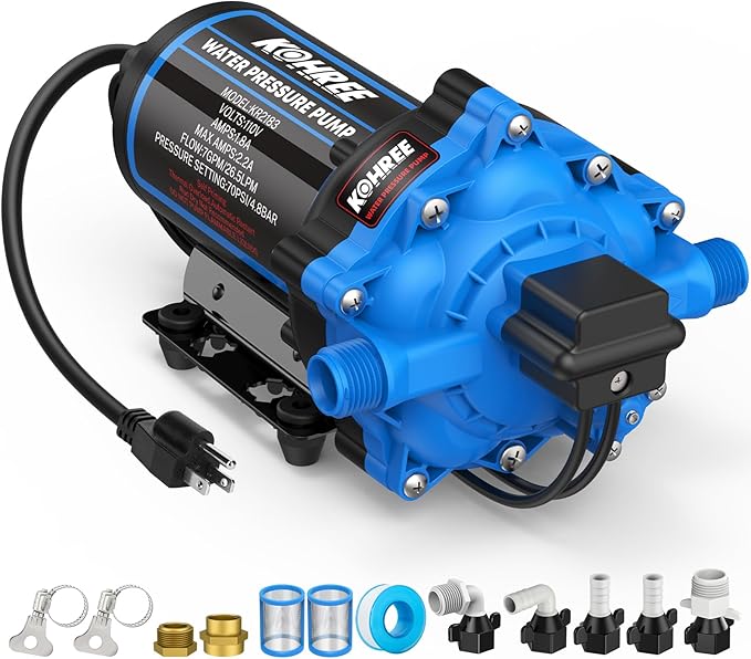 Kohree 7 GPM 70 PSI 110V AC Water Pressure Pump, On Demand Self-priming RV Fresh Water Pump, 5-Chamber Diaphragm Pump with Pressure Switch and Strainer for RV, Marine, Garden, Kitchen, Bathroom