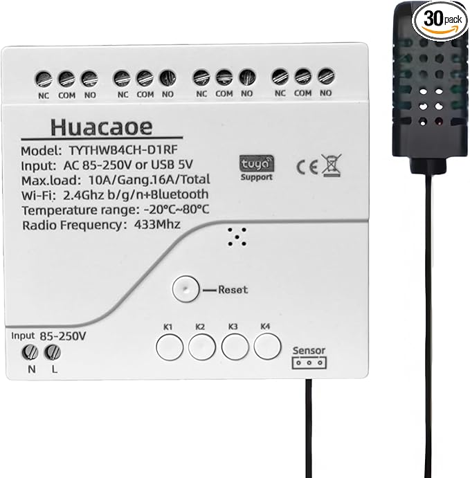 Tuya 4CH 85-250V Smart Temperature and Humidity Sensor,Dry Contact,Remote Application Control and Monitoring Function, Voice Control, Smart Scene, Compatible with Alexa and Google Home