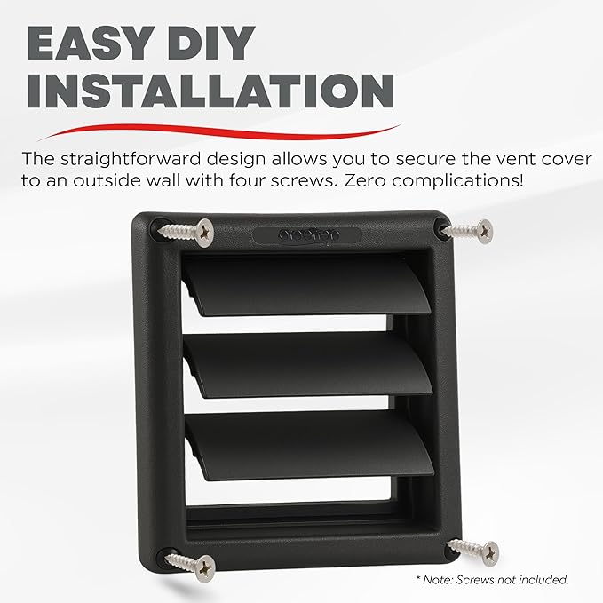 Deflecto Supurr-Vent 4” Outdoor Dryer Vent Cover Black Louvered Wall Hood with Gravity Damper for Backdraft Prevention, Fits Standard 4” Dryer Exhaust Pipe, Weather & UV-Resistant, Durable 6"x6" Face
