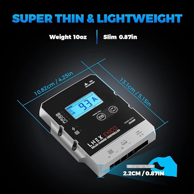 LNEX Solar Charge Controller Waterproof, 20A Super Thin Solar Panel Battery Intelligent Regulator with LCD Display 12V/24V PWM Solar Controller for LiFePO4,AGM, Gel, Flooded and Lithium Battery