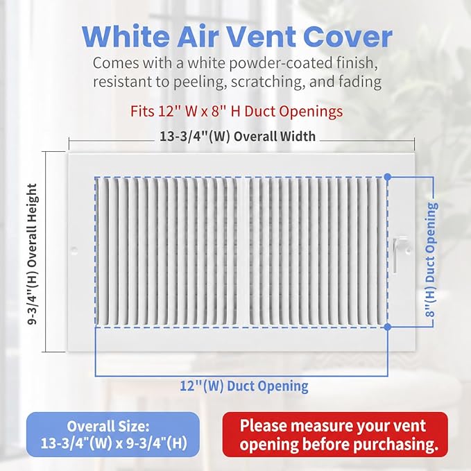 12 x 8 Inch [Duct Opening] Air Vent Covers for Wall or Ceiling - High Airflow 2 Way Steel Ventilation - Adjustable Wall/Ceiling Register, 13-3/4 Inch x 9-3/4 Inch [Overall Dimensions]