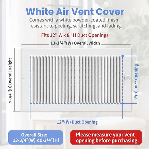 12 x 8 Inch [Duct Opening] Air Vent Covers for Wall or Ceiling - High Airflow 2 Way Steel Ventilation - Adjustable Wall/Ceiling Register, 13-3/4 Inch x 9-3/4 Inch [Overall Dimensions]