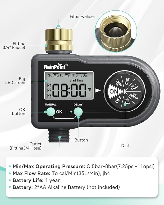 RAINPOINT Sprinkler Timer with 3 Individual Programs, Brass Inlet Water Timer for Garden Hose, Sprinkler Controller, Automatic/Manual Irrigation System for Lawn & Yard Watering, 1 Outlet