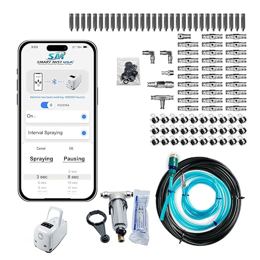 App Controlled High Pressure Misting Mister System Kit 1000 PSI Stainless Steel Tubing DIY Patio Greenhouse (54' w/ 27-.008" Nozzles for Very Hot Dry Climates, Stainless Steel Tubing)