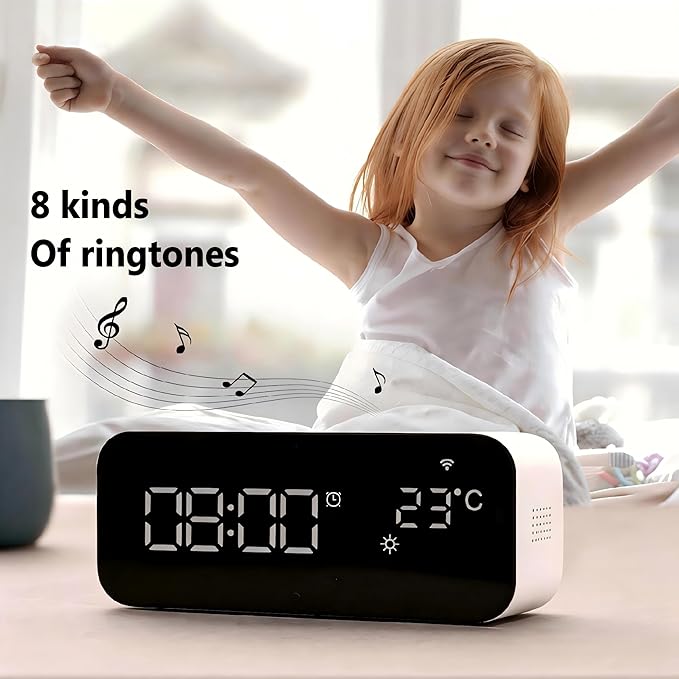 Smart Wifi Alarm Clock with Timer, USB 2A+1C Fast Charging, 2AC Smart Port, App Remote Control, Digital LED Large Screen Power-off Countdown Timer, Snooze Alarm, Time, Weather and Temperature Display