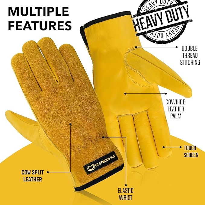 WESTWOOD FOX Work Gloves for Men Women Heavy Duty Leather Gardening Gloves Tough Working Mechanic, Utility Construction