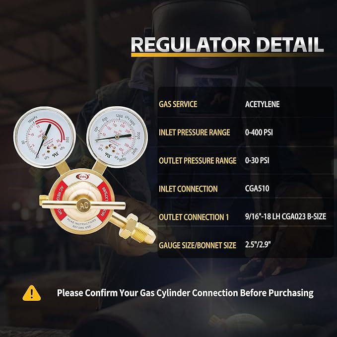 CDL LX75 Heavy Duty Acetylene Regulator CGA510,Forged Brass,Large Tank Gauge Cutting Torch Regulator,0-400PSI Inlet,0-30PSI Outlet