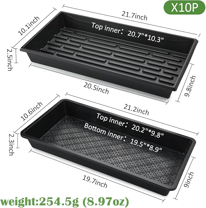 RooTrimmer 10 Pack 1020 Trays and 10 Pack 1020 Mesh Bootom Trays, 20'' x 10'', Heavy Duty Propagation Flats for Microgreens, Seed Starting, Soil Blocks, Hydroponics & Wheatgrass (10 Sets)