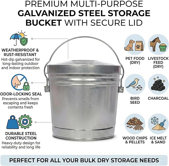 6-Gallon Galvanized Steel Utility Pail with Locking Lid, Heavy-Duty Metal Storage Bucket with Wire Bail Handle, Rodent-Proof Outdoor Container for Bird Seed, Pet Food, Charcoal, and Yard Waste
