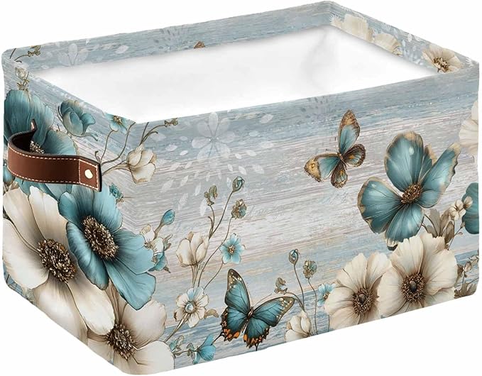 Teal Tulip Butterfly Storage Bins Cubes Waterproof Cloth Storage Basket,Beige Turquoise Floral Farmhouse Blue Foldable Storage Bags for Shelf Clothes Storages Organizers with Handles 15x11x9.5 in 1PCS