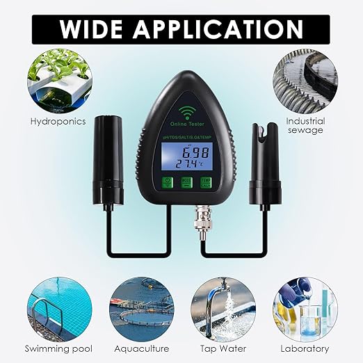 5-in-1 WiFi pH Meter Monitor, Water Quality Tester for pH TDS Salinity S.G Temperature, Tuya Smart APP Remote Monitoring with Alarm & Easy Calibration, for Aquarium Hydroponics