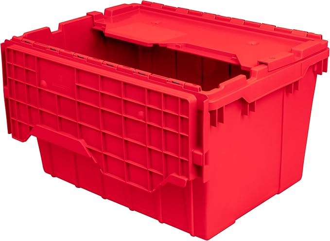 Akro-Mils 39120 Industrial Lidded Plastic Storage Container, Nesting and Stackable Plastic Storage Box with Lid Attached, Organization Tote for Garage and Warehouse, 21.5"x15.25"x12.5", Red (6-Pack)