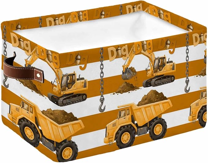 Yellow Truck Storage Bins Cubes Waterproof Cloth Storage Basket, Brown Striped Farmhouse Art Foldable Storage Bags for Shelf Closet Clothes Organizers with Handles 15x11x9.5 in 1PCS