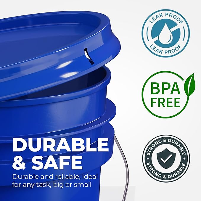 EconoHome 5-Gallon Dark Blue Bucket Pail Container with Lid | Metal Handles with Plastic Grip for Easy Carrying | Easy Stack and Store | Heavy-Duty Extra Durable | Food Grade | BPA Free - 2 Pack