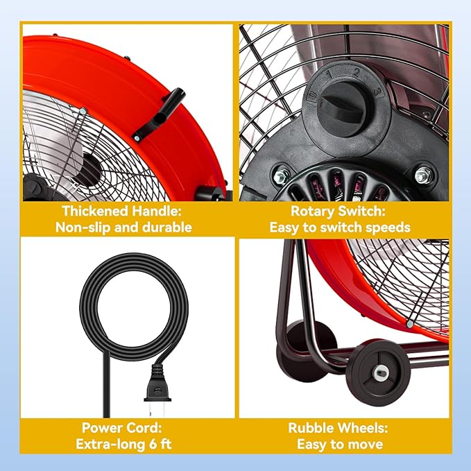 24 Inch Industrial Drum Fan 8800 CFM High Velocity Floor Fan for Garage, Warehouse & Workshop - 3-Speed Heavy Duty Metal Fan with 360° Tilt, Wheels & UL Safety Listed