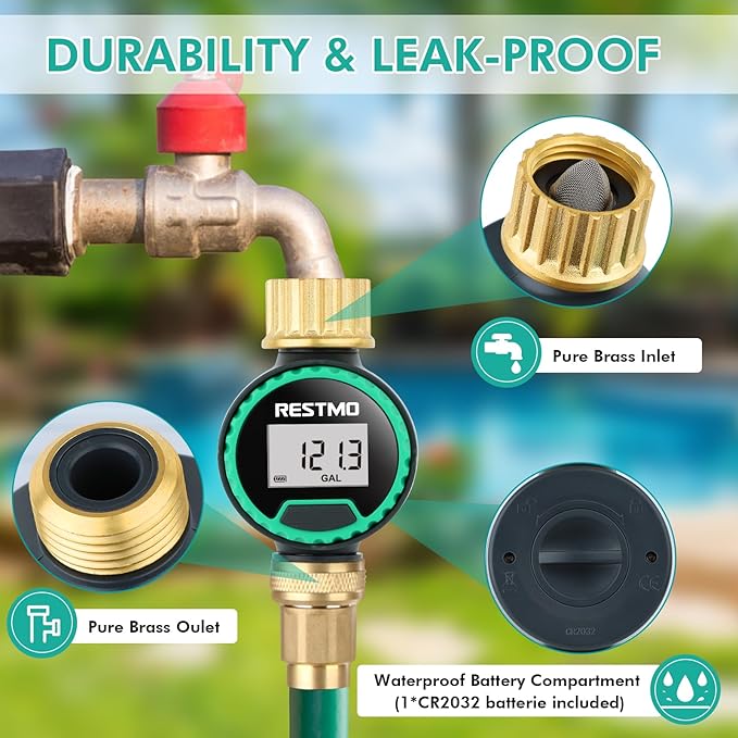 RESTMO 360° Rotatable Water Flow Meter, Pure Brass Inlet & Outlet Water Meter, Measure Gallon/Liter Consumption and Flow Rate for Garden Hose Watering, RV Water Tank Filling and Lawn Sprinkler
